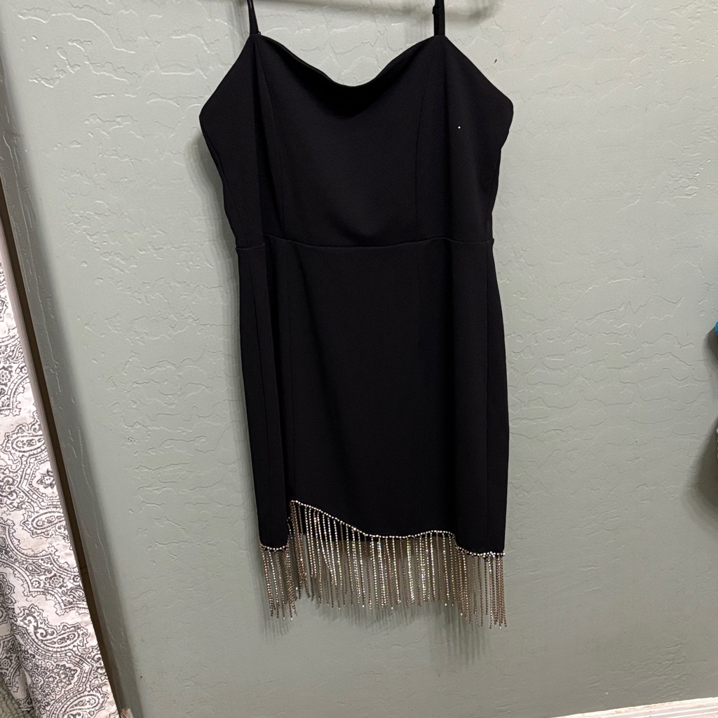 Beaded Fringe Black Slip Mini Dress
